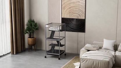 Dierenkooi – Knaagdierkooi – Chinchillakooi – Frettenkooi – Kleine Dieren Kooi – Met 4 Wielen En 2 Deuren – 3 Ramps En Hangmat – Wit – Metaal – 52x52x113,5 cm