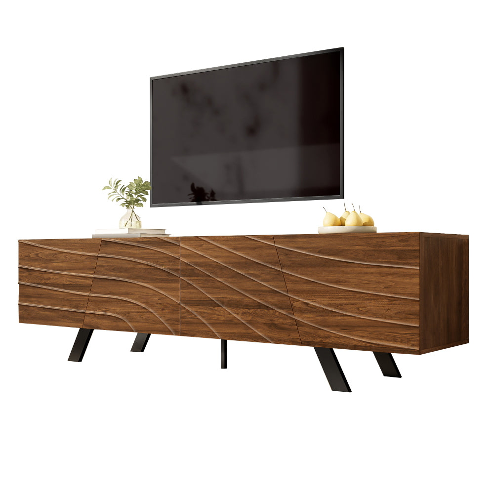 Modern Wave-Front TV Stand with Walnut-Grain Cabinet & Black Wrought-Iron Legs - Metal Entertainment Center with Cable Management, Shelving & Ample Storage Suitable for, Entryway (160×39×50.5cm)