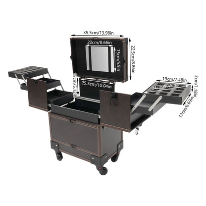 Make-up trolley – Make-up koffer – Beauty trolley – Rolling case – Cosmetica organizer – Koffiebruin – Duurzaam PU materiaal – 6 uitschuifbare trays