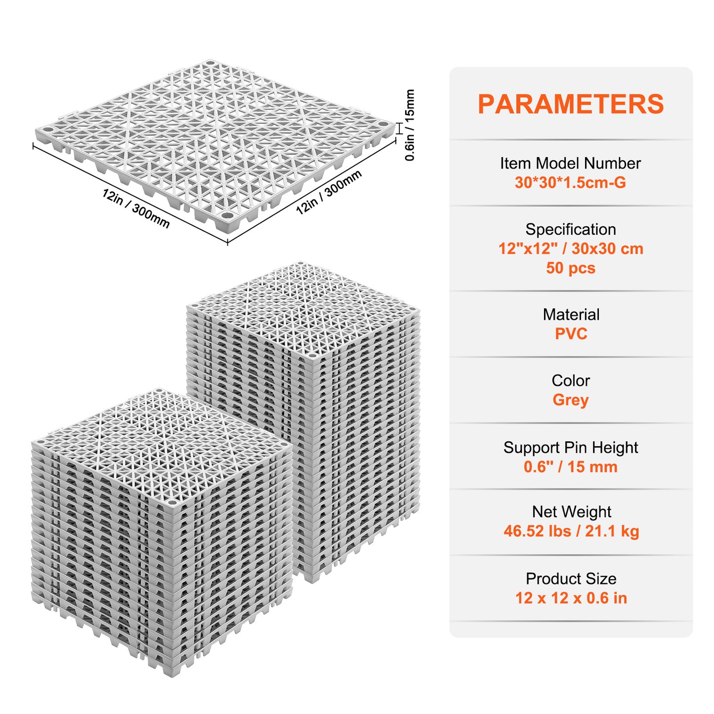 Modulaire Drainagematten – Drainage Tegels – Antislip Matten – Waterafvoer Vloermatten – PVC Legplaten – 50 Stuks 30x30 cm – Duurzaam en Eenvoudig Koppelbaar – Grijs