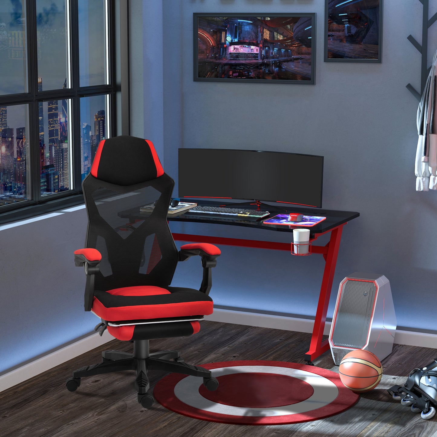 Gamingstoel – Gamestoel – Bureaustoel – Game Chair – Gamestoel – Ergonomisch Design – Verstelbare Hoogte Met Voetsteun – Polyester Zwart/Rood 58x63x112-122 cm