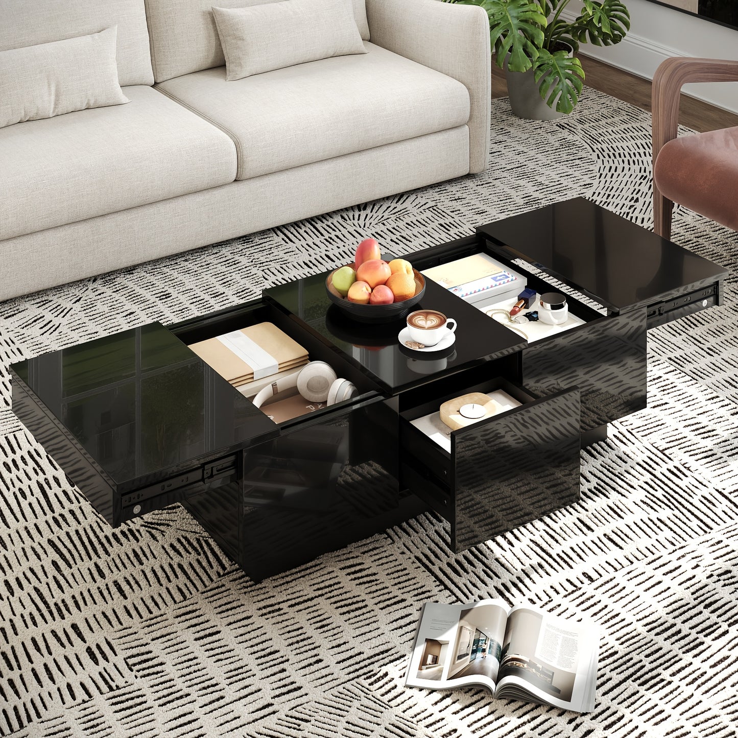 Modern High-Gloss Black Coffee Table with Drawers and Sliding Shelves | Rectangular Living Room Table with Ample Storage Space, Stylish Design, and Easy-to-Clean Surface