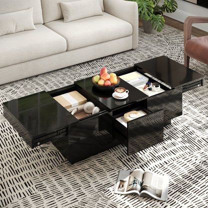 Modern High-Gloss Black Coffee Table with Drawers and Sliding Shelves | Rectangular Living Room Table with Ample Storage Space, Stylish Design, and Easy-to-Clean Surface