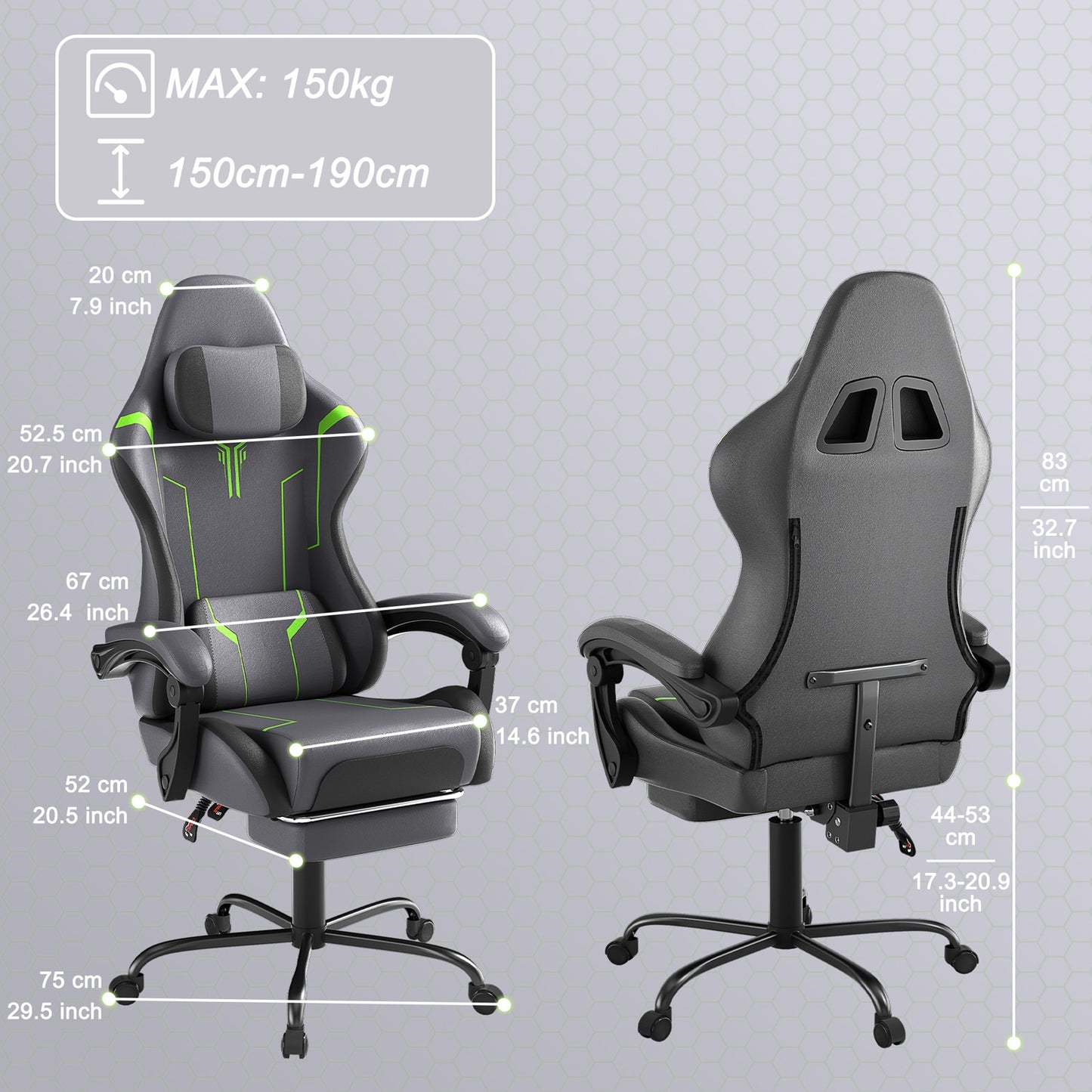 Ergonomische Gamestoel – Bureaustoel – Computerstoel – Gaming Chair – Werkstoel – Verstelbare Hoogte – Massagefunctie – Voetsteun – 360° Draaibaar – Max. 135 kg – Grijze PU Bekleding