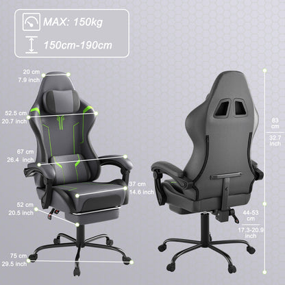 Ergonomische Gamestoel – Bureaustoel – Computerstoel – Gaming Chair – Werkstoel – Verstelbare Hoogte – Massagefunctie – Voetsteun – 360° Draaibaar – Max. 135 kg – Grijze PU Bekleding