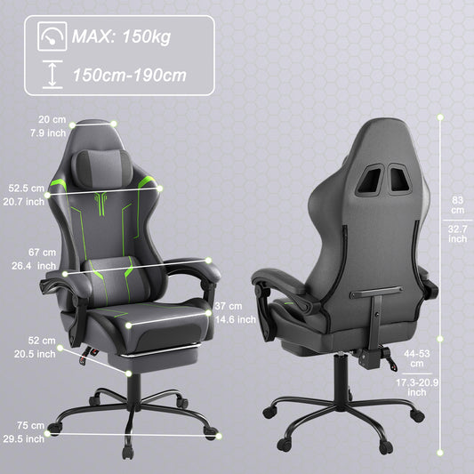Ergonomische Gamestoel – Bureaustoel – Computerstoel – Gaming Chair – Werkstoel – Verstelbare Hoogte – Massagefunctie – Voetsteun – 360° Draaibaar – Max. 135 kg – Grijze PU Bekleding