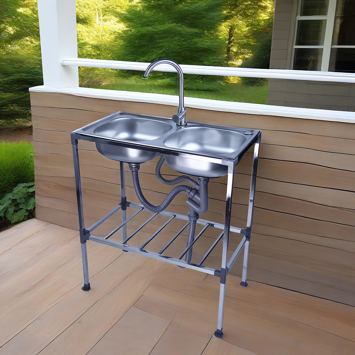 Dubbele Wasbak – RVS Spoelbak – Vrijstaande Wasbak – Draagbare Wasbak – Keuken Wasbak – Roestvrij Staal – Warm- en Koudwaterkraan – Afmetingen 75x40x83 cm