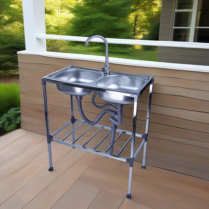 Dubbele Wasbak – RVS Spoelbak – Vrijstaande Wasbak – Draagbare Wasbak – Keuken Wasbak – Roestvrij Staal – Warm- en Koudwaterkraan – Afmetingen 75x40x83 cm
