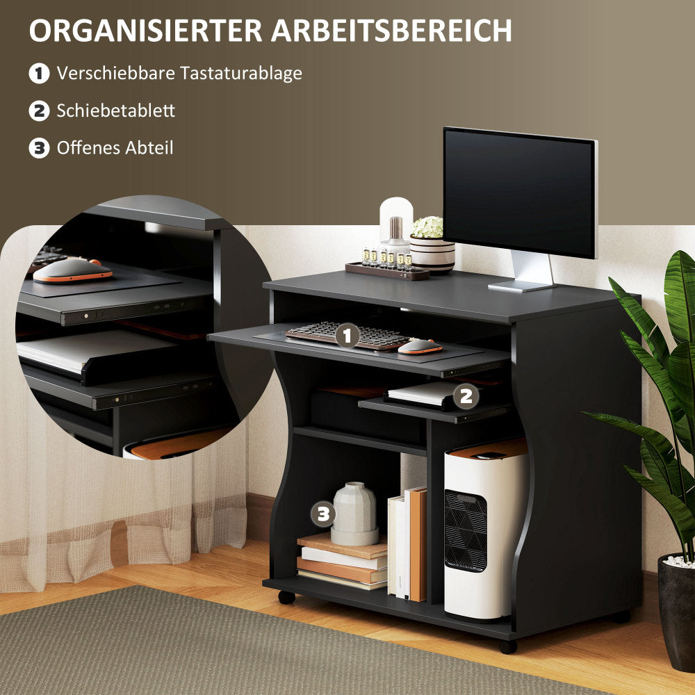 Comput Bureau – Computertafel – Werkplek Tafel – Bureau Met Opbergruimte – Keyboardlade – Compact 80x48x75 cm – Stevig Matzwart Met Vijf Wielen