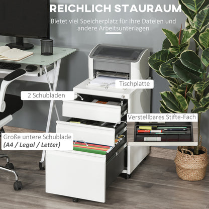 Mobiele Opbergkast – Bureaukast – Ladekast – Archiefkast – Werkplek Opberger – Wit – Stalen Constructie – Met Slot – 3 Lades – Wieltjes – Compact & Ruim