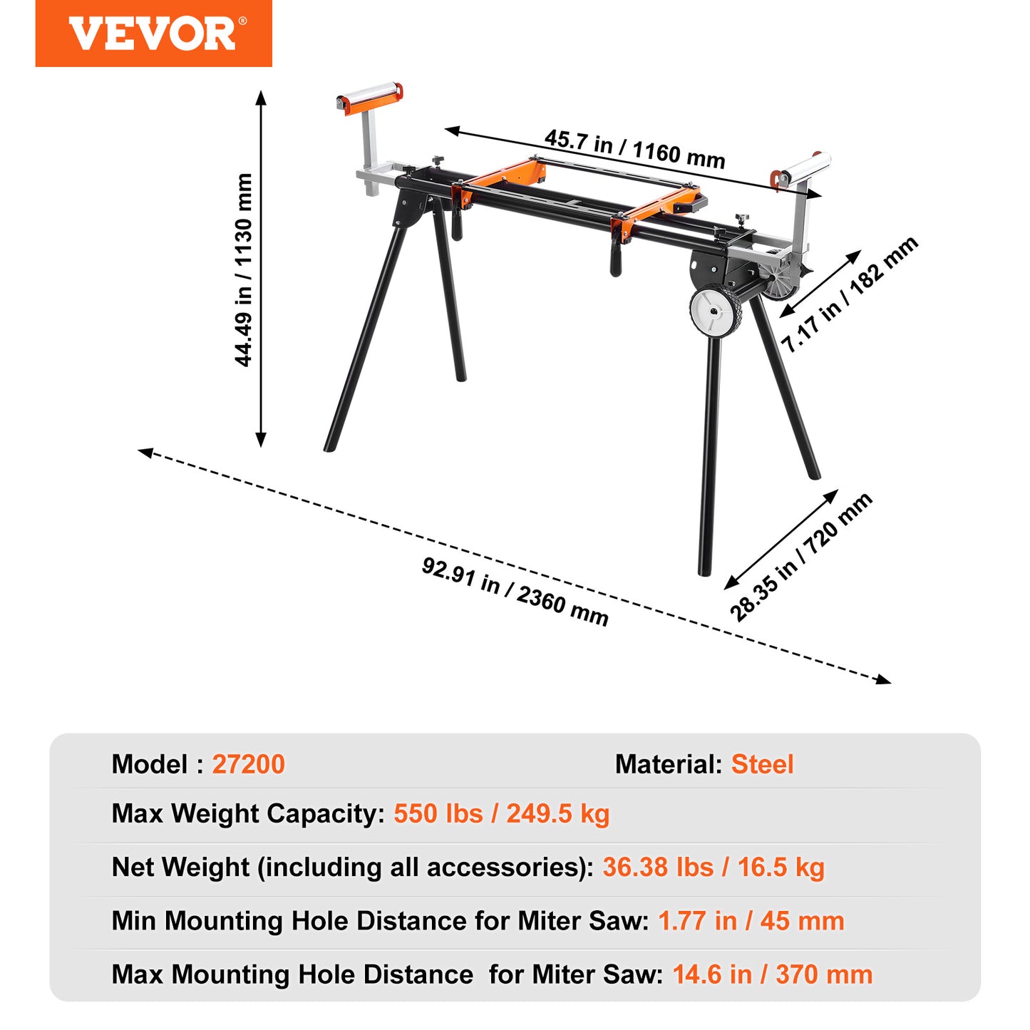 Verstekzaagonderstel – Zaagtafel – Verstelbaar Onderstel – Inklapbaar Werkbank – Werkplek Versterker – Draagvermogen 250 kg – Staal – Inklapbaar Met Wielen