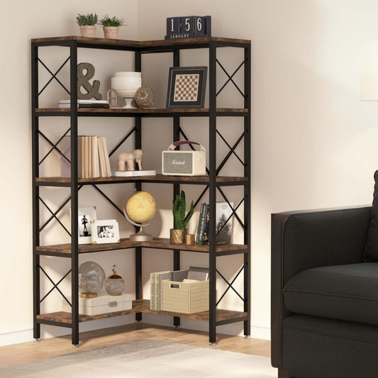Hoekboekenkast – Hoekrek – Boekenkast – Opbergkast – Wandplank – Rustiek Bruin – 5 Ruime Planken – Stevig Metaal Frame