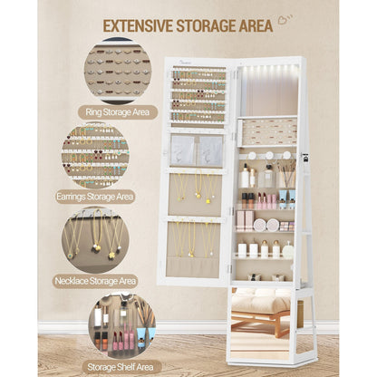 Sieradekast – Sieradenkast – Jewelry Organizer – Sieradenopberger – Make-up Kast – 360° Draaibare Spiegel – Veilig Afsluitbaar – 4 Lade Opbergvakken – Wit Met Beige Voering