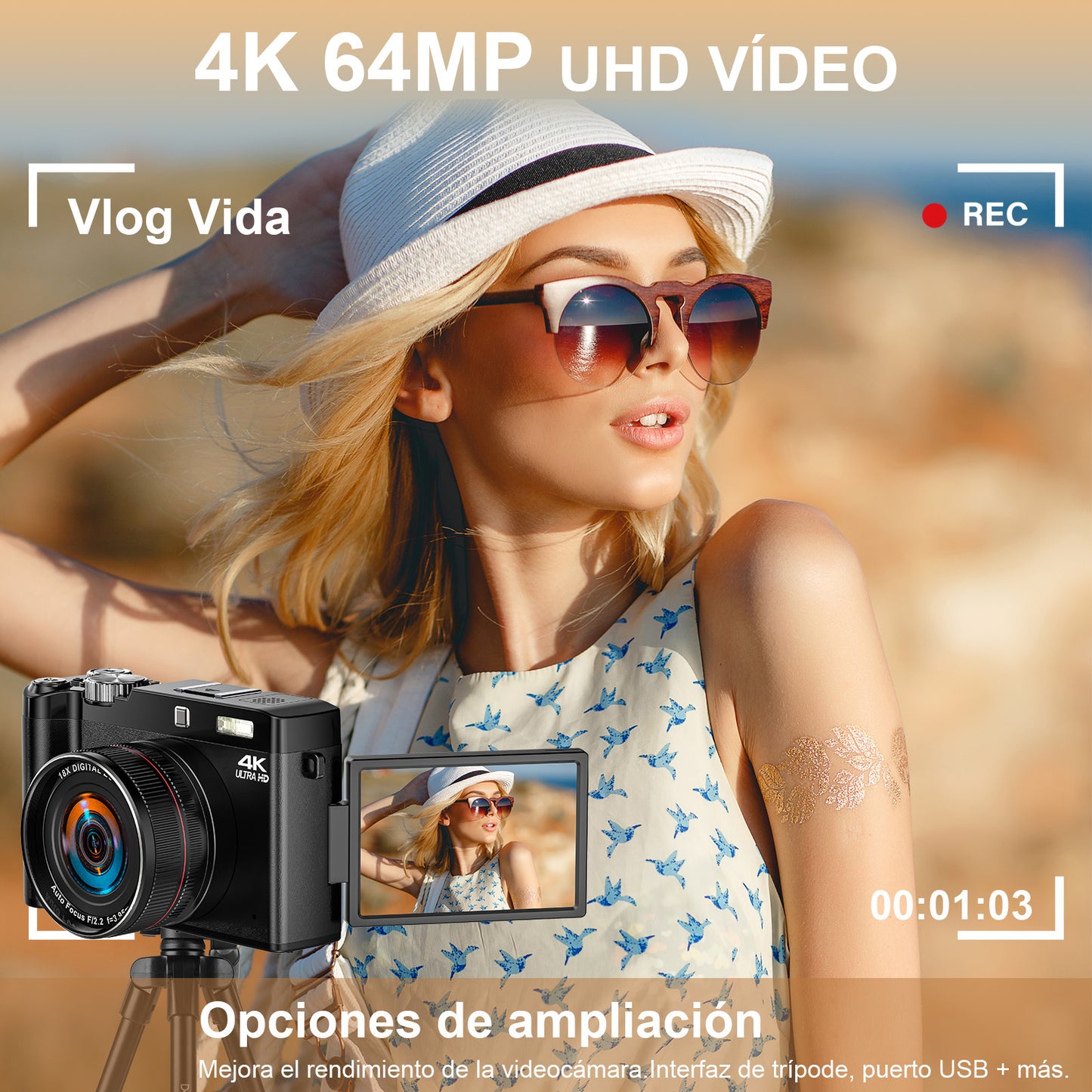 Digitale Camera – Vlogcamera – Fotocamera – Reiscamera – Compacte Camera – 64MP Beeldkwaliteit – 18x Zoom Met Autofocus