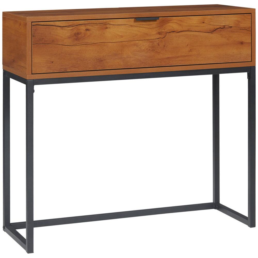 Sidetable – Consoletafel – Haltafel – Wandtafel – Bijzettafel – Stalen Frame – Compact 80x30x76 cm – Zwart/Naturel Met Wit Accent – Met 2 Laden – Eenvoudige Montage