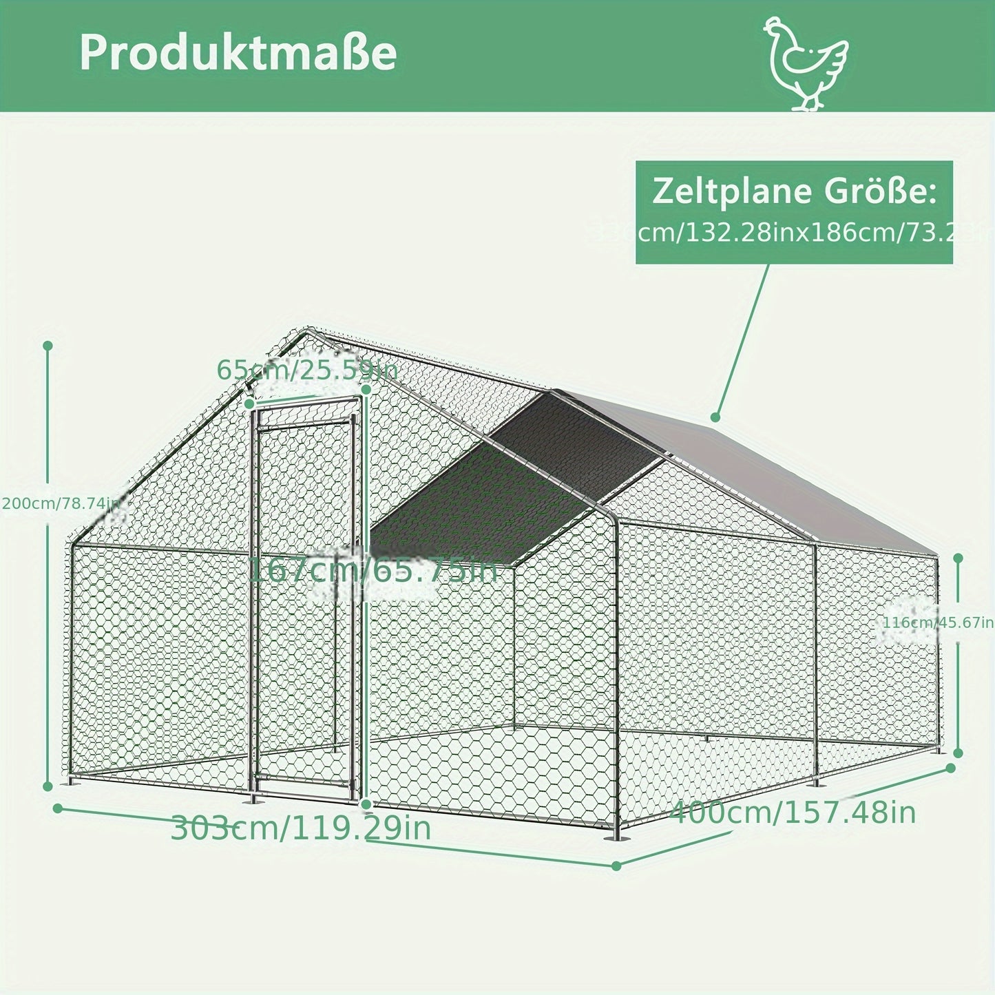 3m x 4m x 2m Outdoor Chicken Coop with Safety Lock and Waterproof PE Fabric, Metal Material, Suitable for Chickens, Rabbits, and Other Small Animals