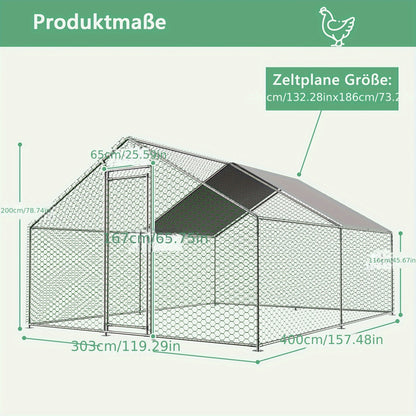 3m x 4m x 2m Outdoor Chicken Coop with Safety Lock and Waterproof PE Fabric, Metal Material, Suitable for Chickens, Rabbits, and Other Small Animals