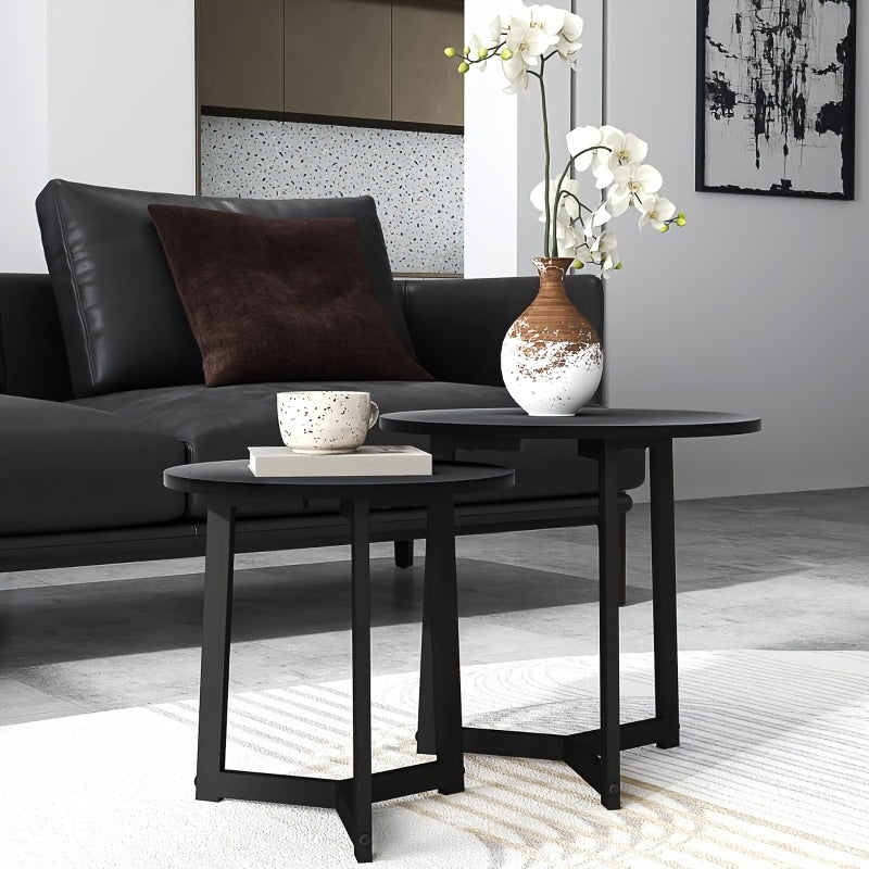 Expandable Stackable 2pcs Round Coffee Table & Side Table Set - Space-Saving Modern Sofa Table for Small Spaces, Expandable Table Suitable for Living Room, Bedroom, Compact Apartments - Assembly, Black Furniture