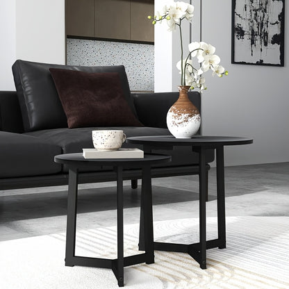 Expandable Stackable 2pcs Round Coffee Table & Side Table Set - Space-Saving Modern Sofa Table for Small Spaces, Expandable Table Suitable for Living Room, Bedroom, Compact Apartments - Assembly, Black Furniture