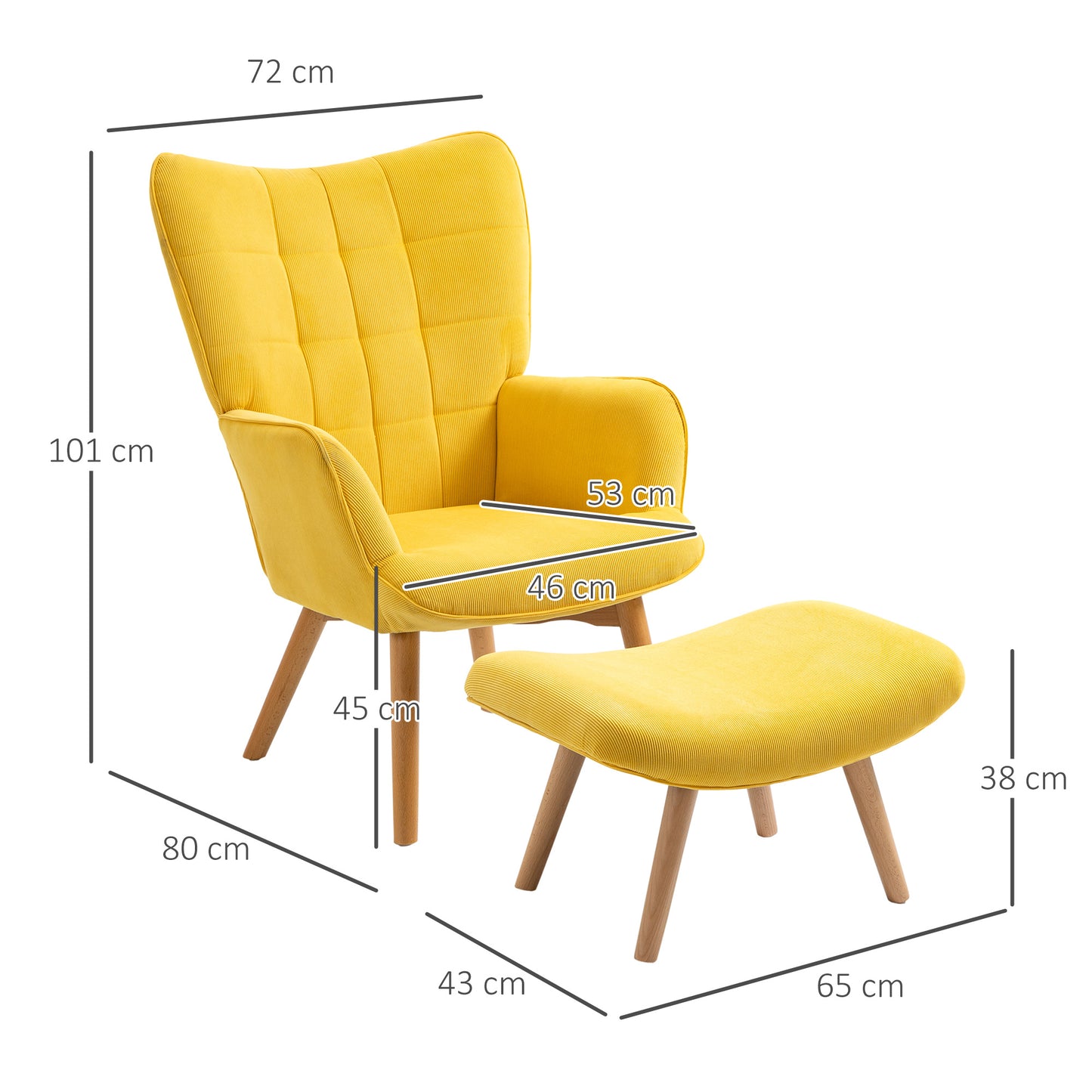 Fauteuil – Armstoel – Lounge Chair – Relaxstoel – TV Stoel – Gele Bekleding – Houten Poten – Inclusief Voetenbank – Comfortabele Zitting