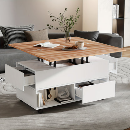Salontafel – Koffietafel – Bijzettafel – Woonkamertafel – Tafel – Bamboe – Verstelbare Hoogte Met Lift-Top – 4 Lade Opbergruimte Met Wieltjes