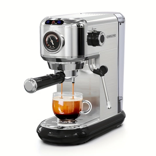 1 Unit CAFELFFEMK-601 Espresso Machine with Milk Frother, 20bar Extraction, Visible Pressure Gauge, Stainless Steel Body, Removable Drip Tray, 1.1L Water Capacity, Coffee Shop Gift Suitable for Lovers/father/mother, Office Eq