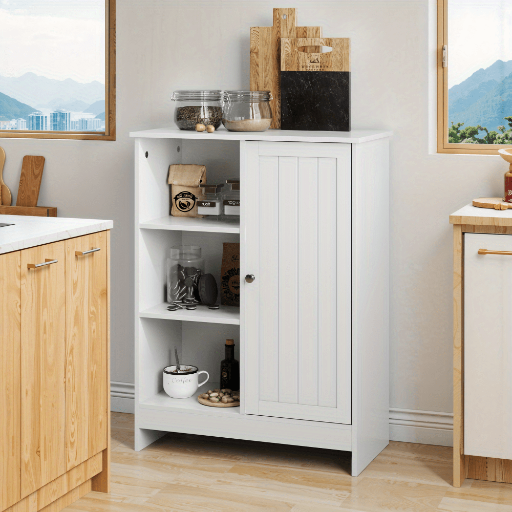 Modern White Metal Freestanding Kitchen Cabinet with Door & 3 Open Shelves - Adjustable Height Storage Rack, 60x30x80cm, Easy Assembly, Ideal for Small Kitchens & Apartments, Pantry, Kitchen Organizers And Storage, Kitchen Pa