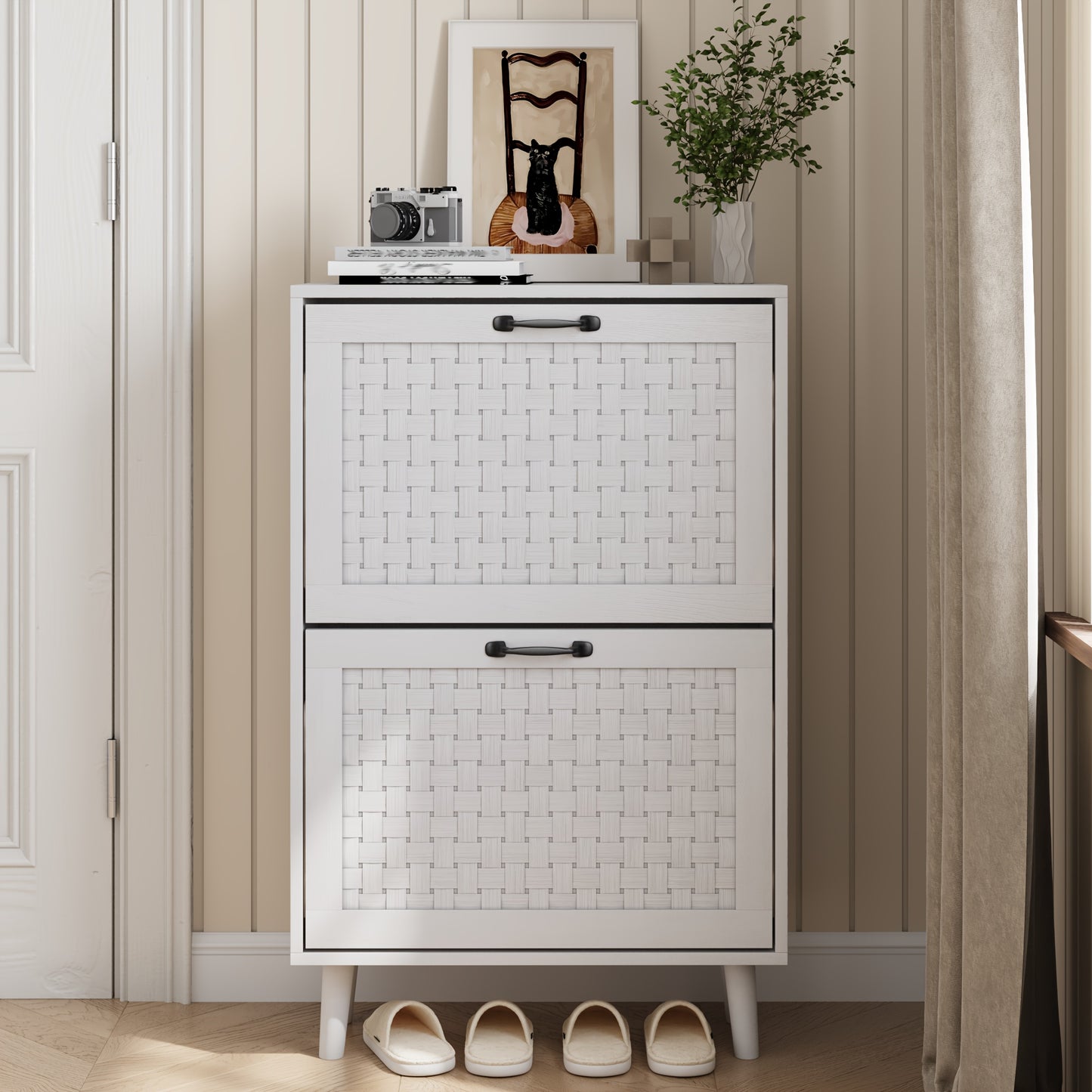 Schoenenkast – Schoenenrek – Schoenenbank – Hal Organizer – Opbergkast – Handgemaakte Rieten Lades – Massief Houten Poten – Compact Smal Ontwerp – MDF Wit