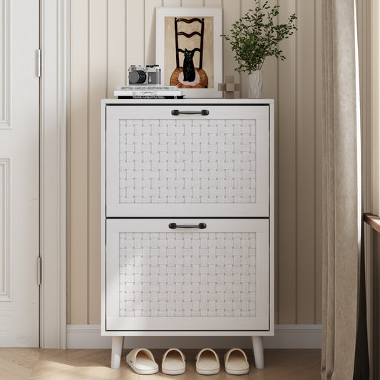 Schoenenkast – Schoenenrek – Schoenenbank – Hal Organizer – Opbergkast – Handgemaakte Rieten Lades – Massief Houten Poten – Compact Smal Ontwerp – MDF Wit
