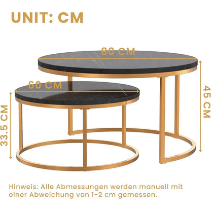 2-delige Salontafel Set – Woonkamer Tafel – Balkon Tafel – Marmeren Tafel – Hoogglans Tafel – Gouden Frame – Opbergruimte Onderblad