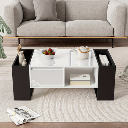 Salontafel – Koffietafel – Bijzettafel – Woonkamertafel – Tafel – Zwart-Wit – Hoogglans Afwerking – Hardhouten Opberglade Met 4 Open Vakken