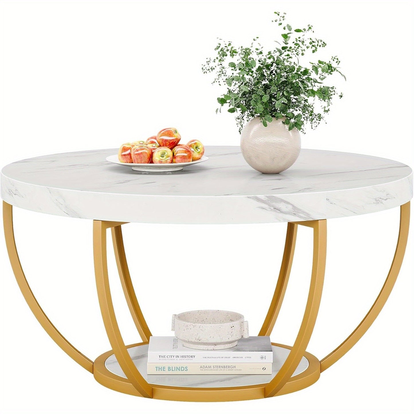 Salontafel – Koffietafel – Woonkamertafel – Bijzettafel – Tafel – Modern – Ronde 2-laags – Wit marmerlook MDF blad – Gouden metalen poten