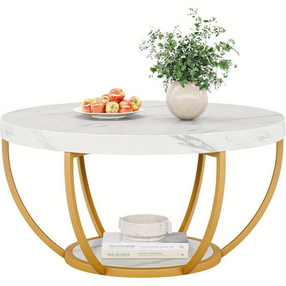 Salontafel – Koffietafel – Woonkamertafel – Bijzettafel – Tafel – Modern – Ronde 2-laags – Wit marmerlook MDF blad – Gouden metalen poten