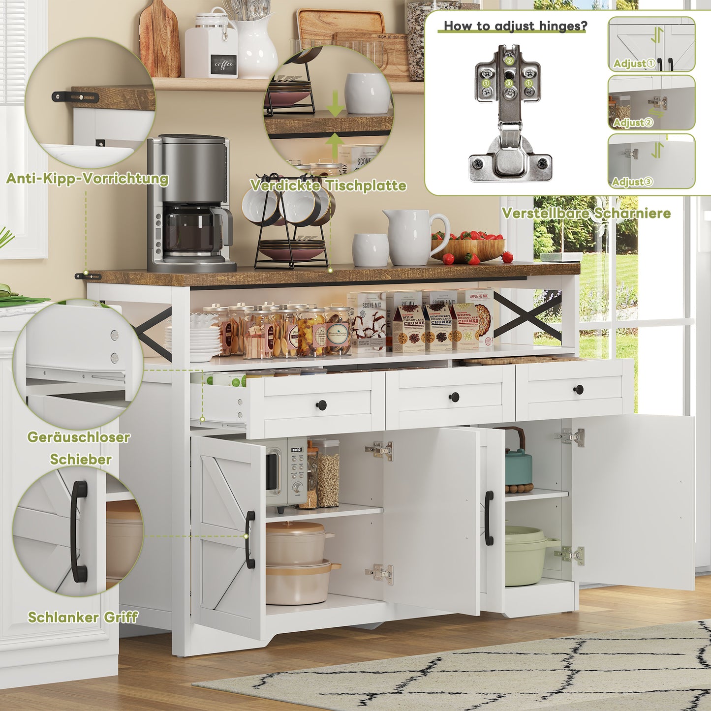 Buffetkastje – Dressoir – Sidetable – Opbergkast –  Landelijke Stijl – 140 CM Breed – Hoogwaardig MDF
