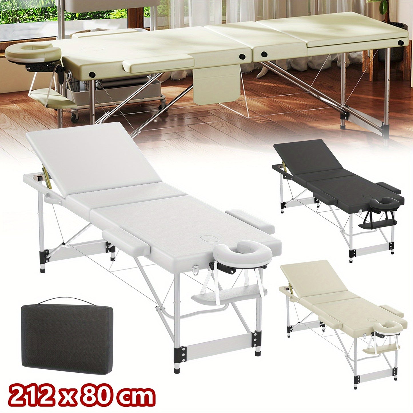 Massagetafel – Massagebank – Behandeltafel – Behandelbank – Massagebed – Inklapbaar – Aluminium Frame – 8 Hoogs­te­standen – Draagbaar – Beige