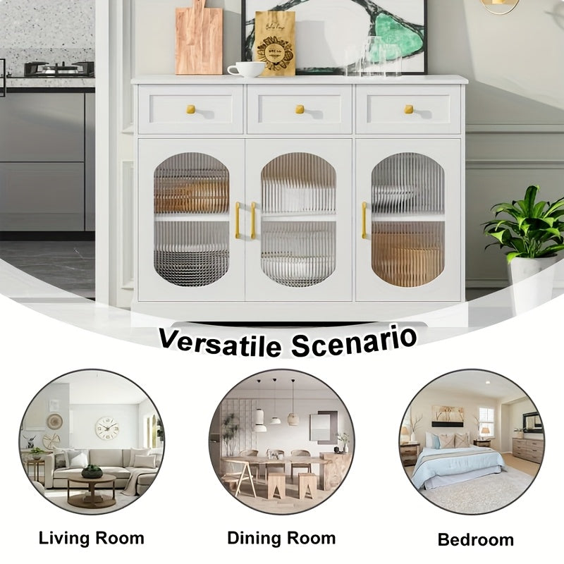 Dressoir – Buffetkast – Opbergkast – Kast – Tv-meubel – Modern Wit – 3 Lades & 3 Glazen Deuren – Verstelbare Planken & Gouden Handgrepen – Spaanplaat – 120x89,7x39,8 cm