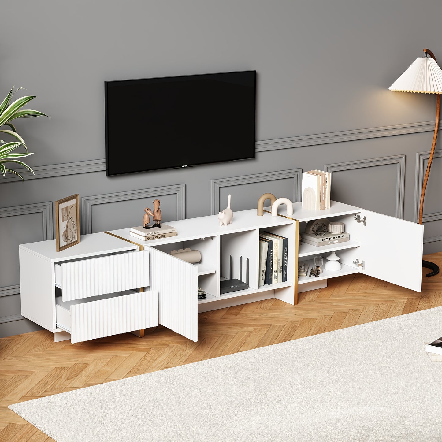 TV-Meubel – Tv Kast – Mediameubel – Entertainmentmeubel – Tv Console – Modern Wit Met Gele Accenten – Geschikt Voor Tv’s Tot 80 Inch – Ruime Opbergruimte 190x35x45,5 cm