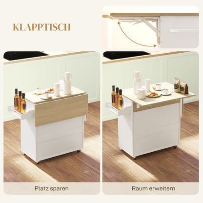Keukentrolley – Keukenwagen – Serveerwagen – Werktafel – Opbergtrolley – Inklapbaar Werkblad – Verstelbare Plank – Wit