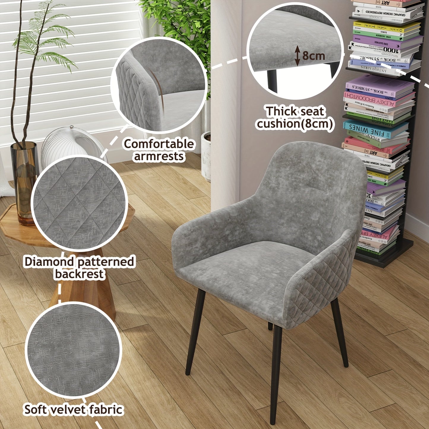 Set Of 2 Velvet Dining Chairs With Arms, Padded Kitchen Chairs, Back Side Desk Chairs, Comfty Accent Chair With Metal Legs For Kitchen, Bedroom, Living Room (2pcs, Gray)