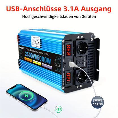 Zuivere Sinus Omvormer – Stroomomzetter – Spanning Converter – DC naar AC Inverter – Autoinverter 12V 2500W – LED Display – 2 Stopcontacten & USB Poorten