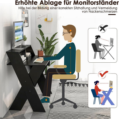 Computertafel – Computerbureau – Bureautafel – Schrijftafel – Werkplek – Met Lade – Monitorverhoger – Stevig X-Frame – Zwart – 90x61x94 cm