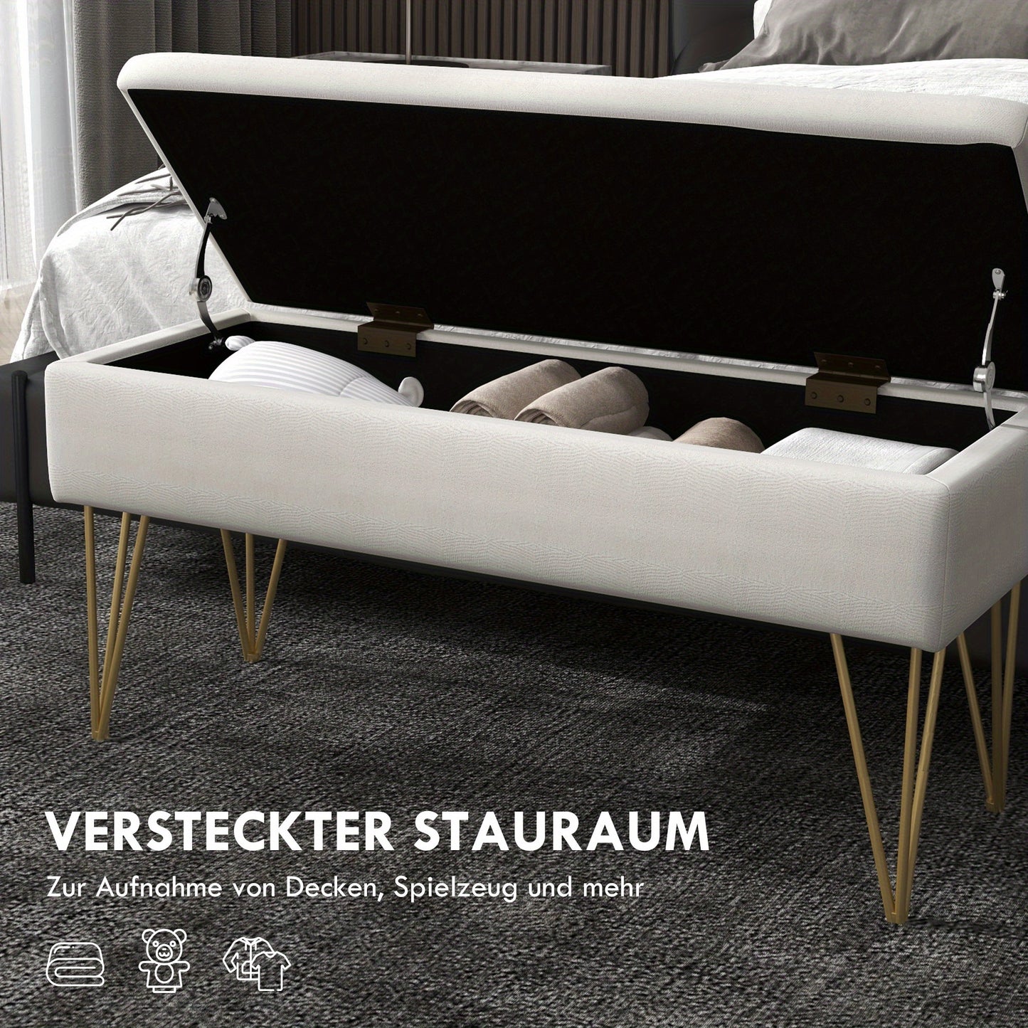 Opbergbank – Opbergbench – Slaapkamerbank – Poef – Zitbank – Linnenlook Bekleding – Stevig Metalen Frame – 100 x 40 x 49 cm – Crèmekleur