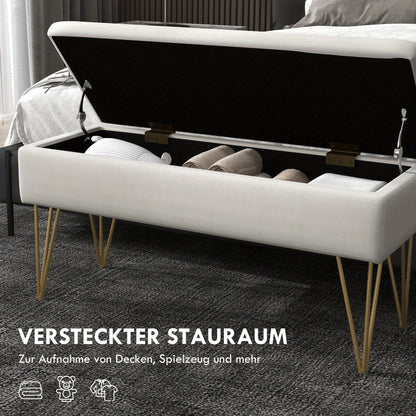 Opbergbank – Opbergbench – Slaapkamerbank – Poef – Zitbank – Linnenlook Bekleding – Stevig Metalen Frame – 100 x 40 x 49 cm – Crèmekleur