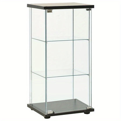 Modern Black Display Cabinet with Tempered Glass Panels - 3 Spacious Shelves for Office, Library, or Showroom Storage, Office Wall Decor
