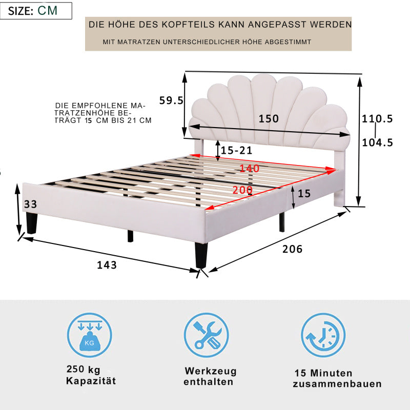 Tweepersoonsbed – Gestoffeerd Bed – Velours Bed – Slaapbed – Bedframe – 140 x 200 cm – Uniek Bloemvormig Hoofdbord – Zachte Huidvriendelijke Bekleding Beige