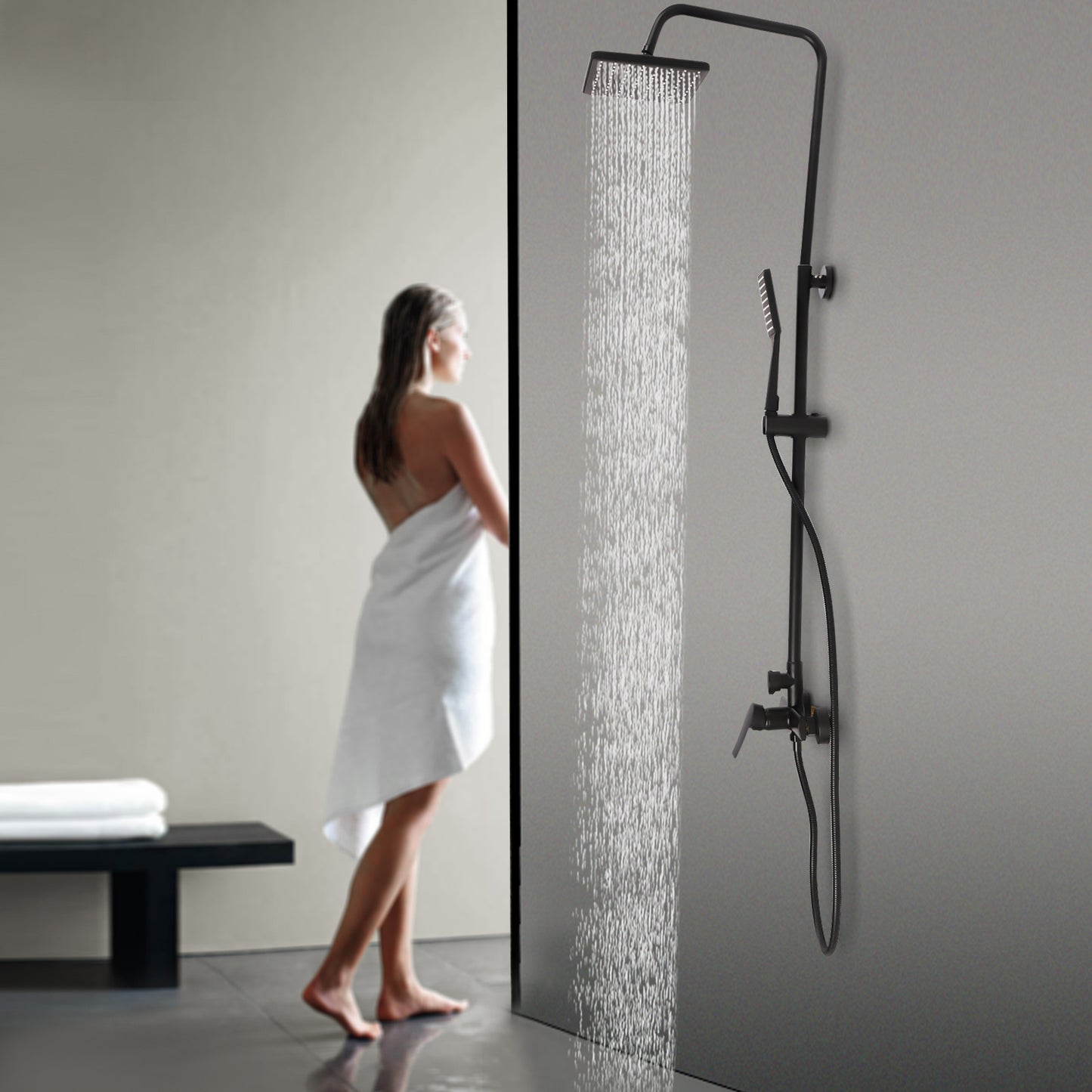 TOOL1SHOOO Hot & Cold Water Shower Set In Black Brass - Air Boost Technology, Height Adjustable Wall Mount Design, 2 Spout Modes