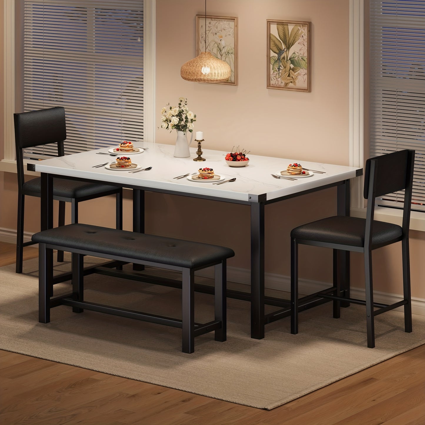 Eettafelset – Eetkamerset – Keukentafelset – Zitgroep – Meubelset – Rechthoekig Houten Tafelblad – 4 Personen Met Bank En Gestoffeerde Stoelen – Wit Marmerlook – Compact Voor Kleine Ruimtes
