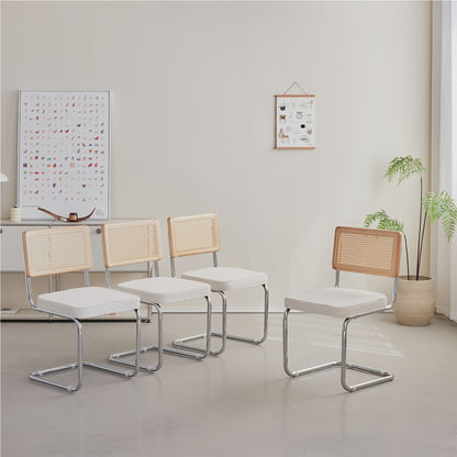 Eetkamerstoelen – Stoelen – Dining Chairs – Keukenstoelen – Zitmeubels – Wit Fluweel – Chroom Metalen Poten – Comfortabele Zitting – Handgeweven Rotan Rugleuning