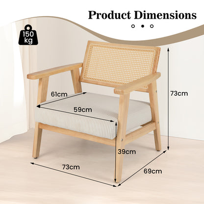 Corduroy Accent Chair – Fauteuil – Lounge Chair – Armstoel – Binnenstoel – Padded Rubber Wood Frame – PE Rattan Rugleuning – Naturel Wit