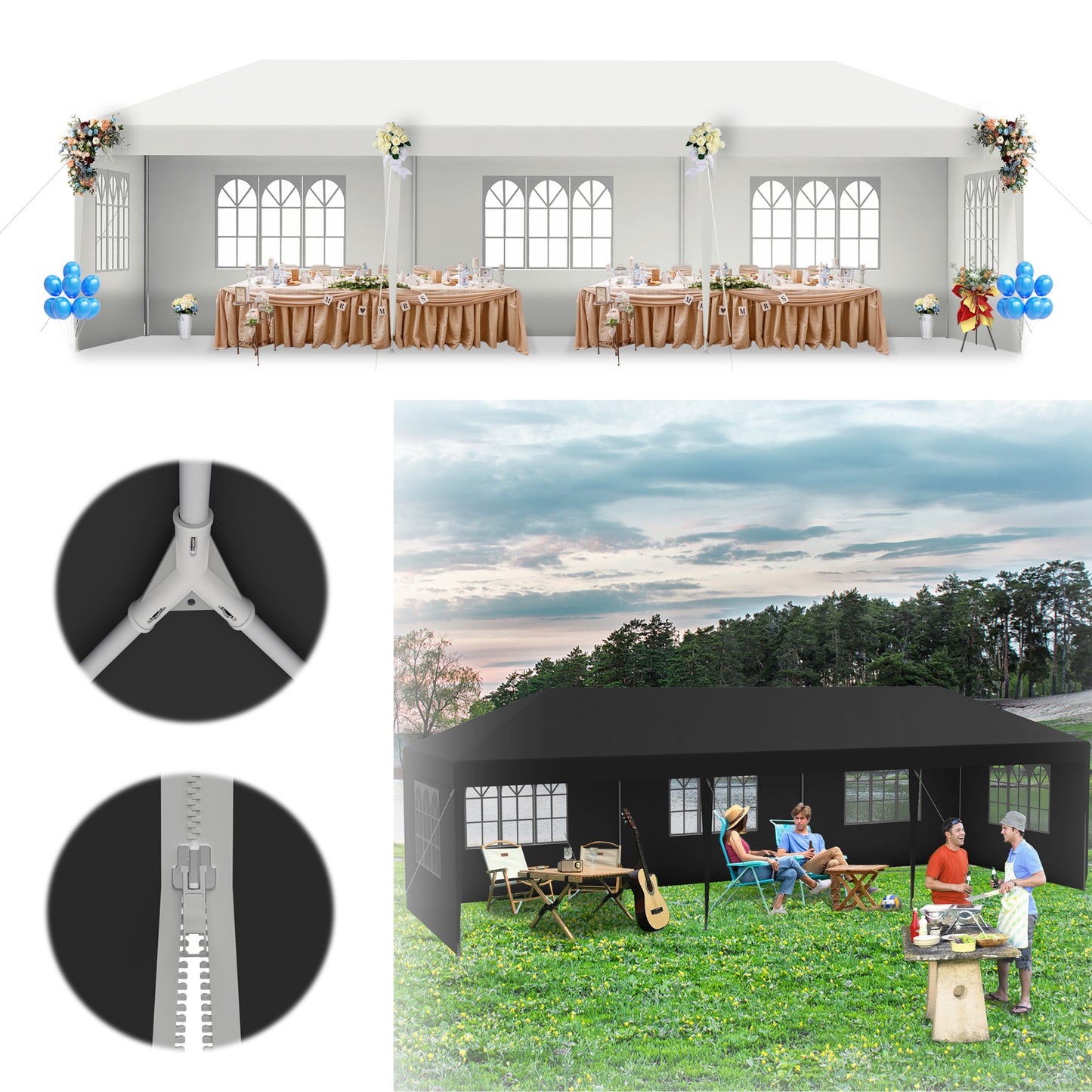 Tuinpaviljoen – Prieel – Partytent – Overkapping – Feesttent – 3×9 m – Gepoedercoat Stalen Frame – Waterafstotend Polyethyleen Panels Anthraciet/Wit